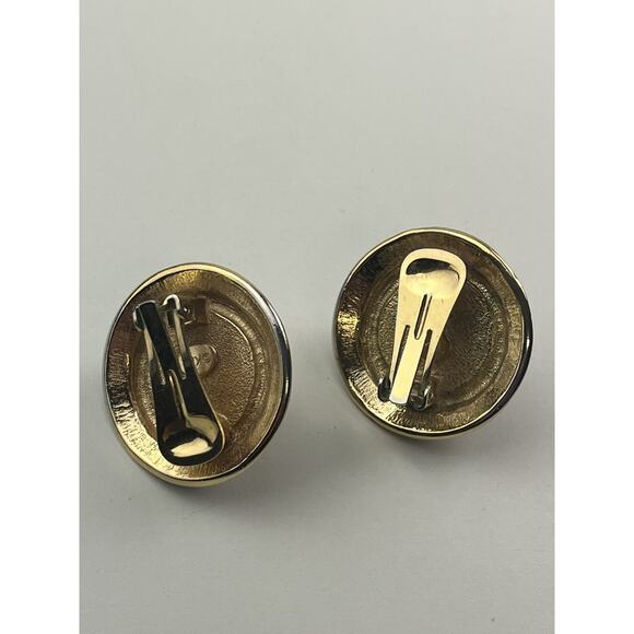 KJL Vintage Faux Pearl Clip On Earrings Round Rope Black Enamel Gold Tone - Picture 6 of 10